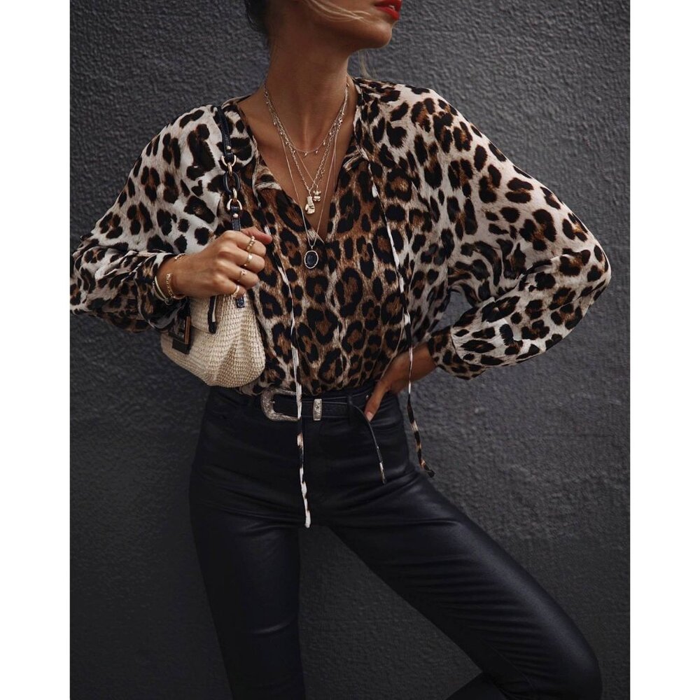 WITCHERY Leopard Print Georgette Oversized Balloon Sleeve Blouse Top, Size 4/0